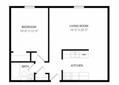 Floor plan for 1 bed, 1 bath, 579 sqft